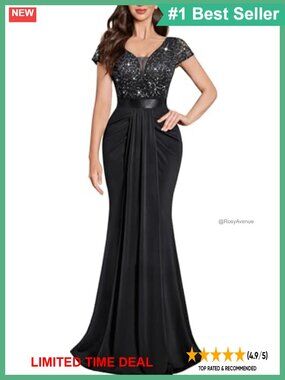 Lace Sequin Pleated V-Neck Evening Formal Maxi Dress